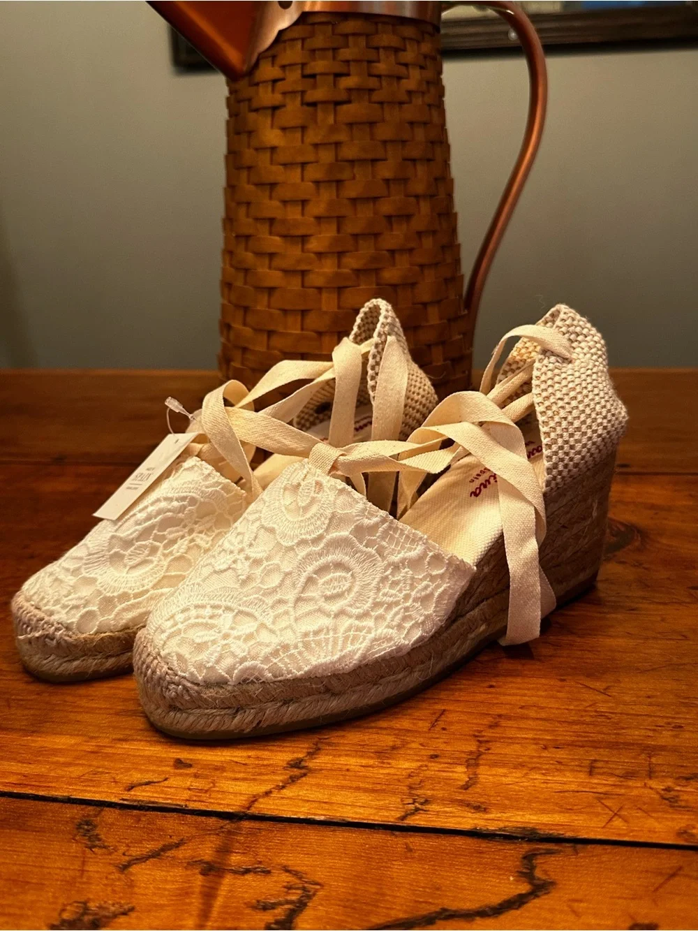 Viviana White Lace Espadrille Wedge with Ankle Ties